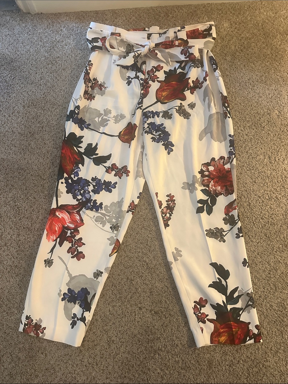 Express White Floral Paperbag Waist Trousers